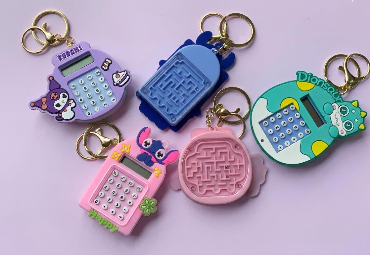 3-in-1 Mini Calculator & Maze Game Keychain — Kawaii Character Charm